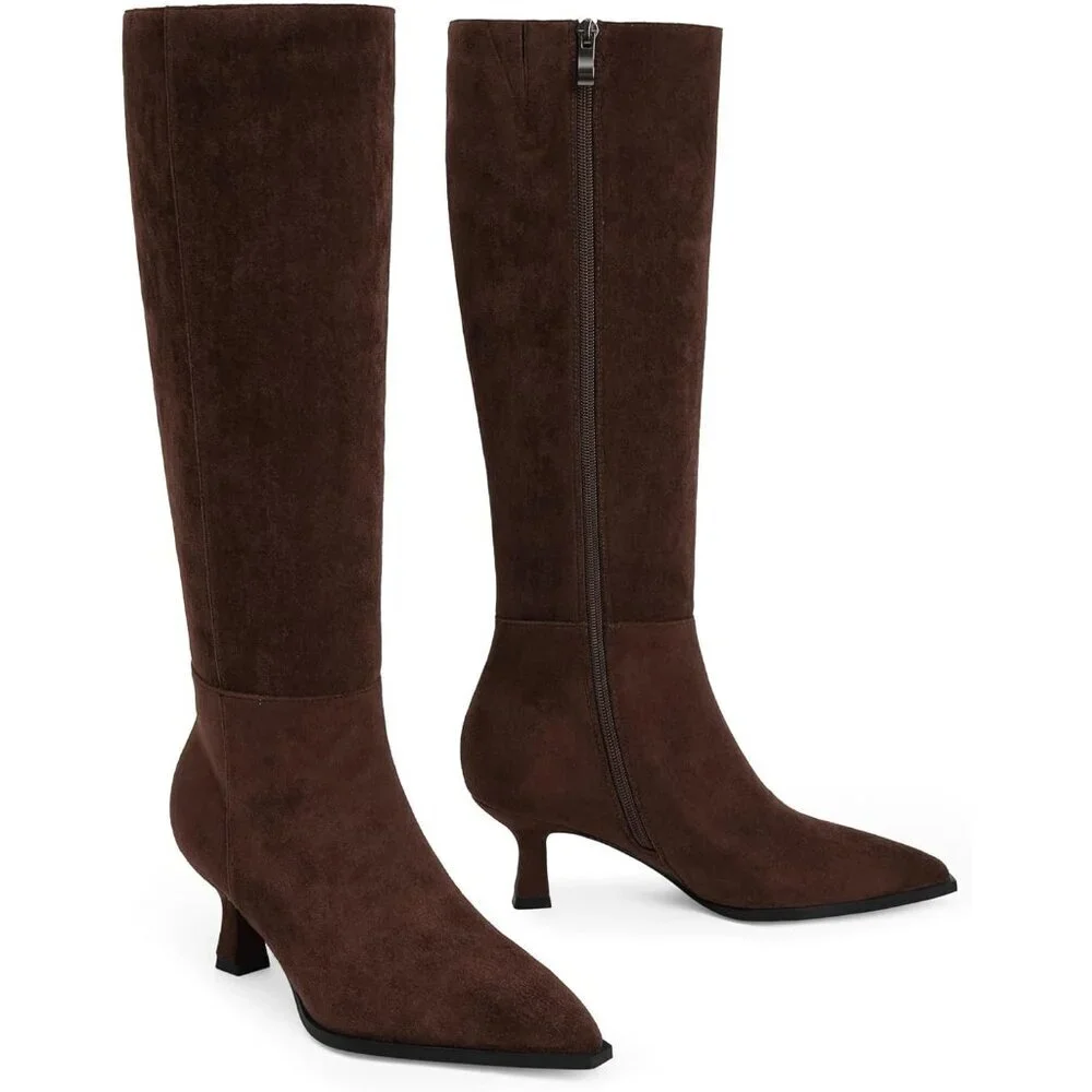 Women's Chocolate Suede Kitten Low Heel Toe Side Zipper Long Tall Knee High Boot